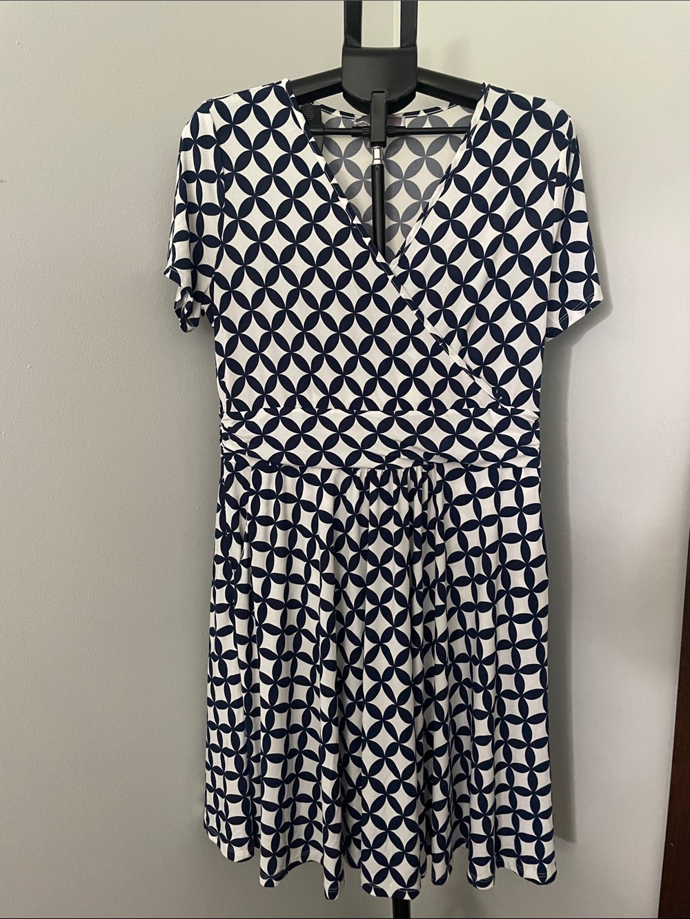 Navy & White Geometric Faux-Wrap Midi Dress